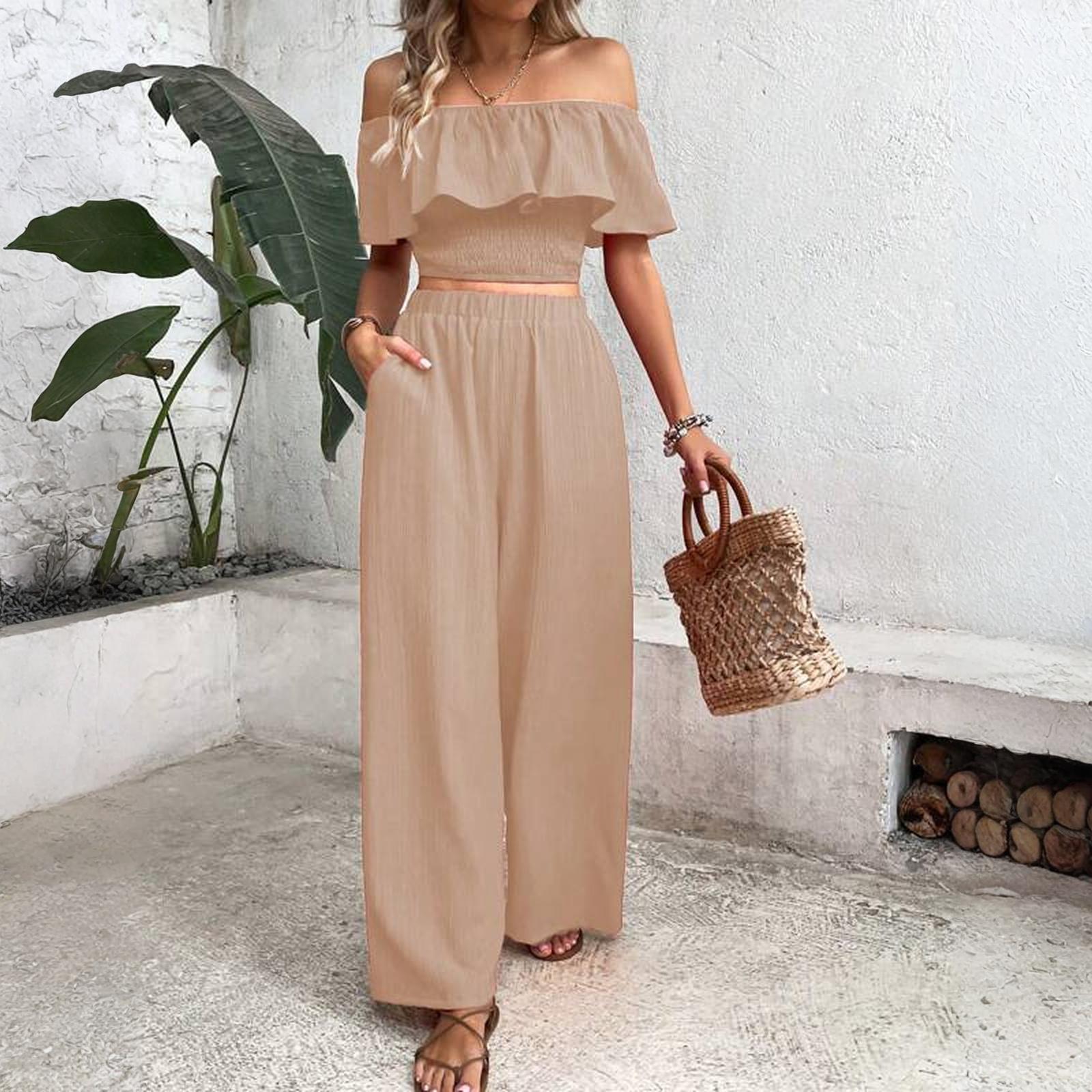

Women s Fashionable Solid Color One Shoulder Strapless Top With Elastic Waist Casual Wide Leg Pants, Two-piece Set XL хакі