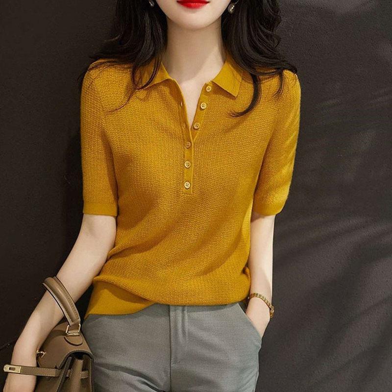 Women's Ice Silk Short Sleeved T-shirt Summer Thin Polo Collar Knitted Top