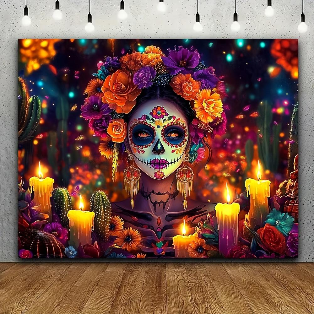 1 Vibrant Sugar Skull Backdrop Banner – Extra Large Day of the Dead Themed Party Decoration