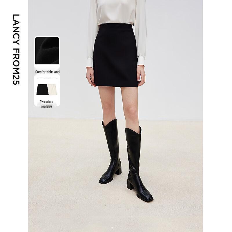 Langzi Elegant Black Wool Blend A-line Midi Skirt XL