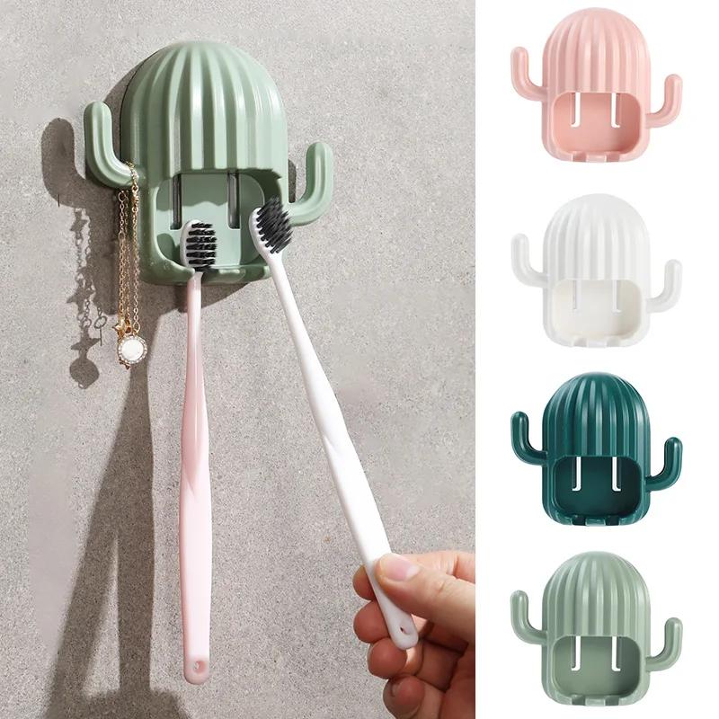 

1PC Cactus Storage Rack Wall-mounted Household Self-adhesive Toothbrush Holder Kitchen Bathroom Toothbrush Organizer with Hook розовый