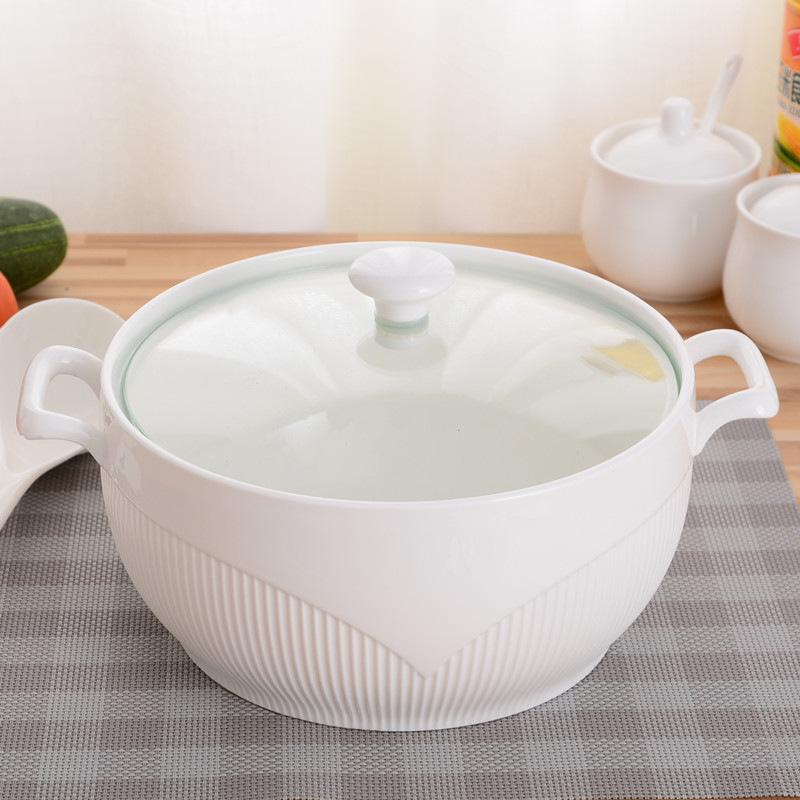 Embossed White Ceramic Soup Pot with Lid - Large Bone China Bowl Gift Set