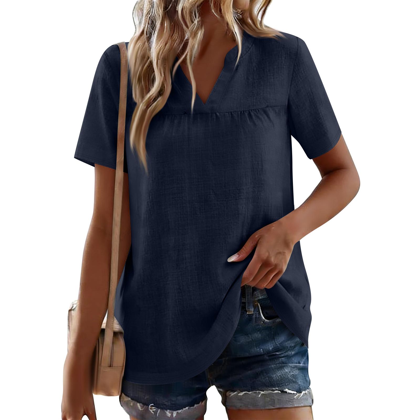 

Womens 3/4 Sleeve V Neck Pleated Blouses For Women Dressy Casual Loose Fit Tops XL тёмно-синий