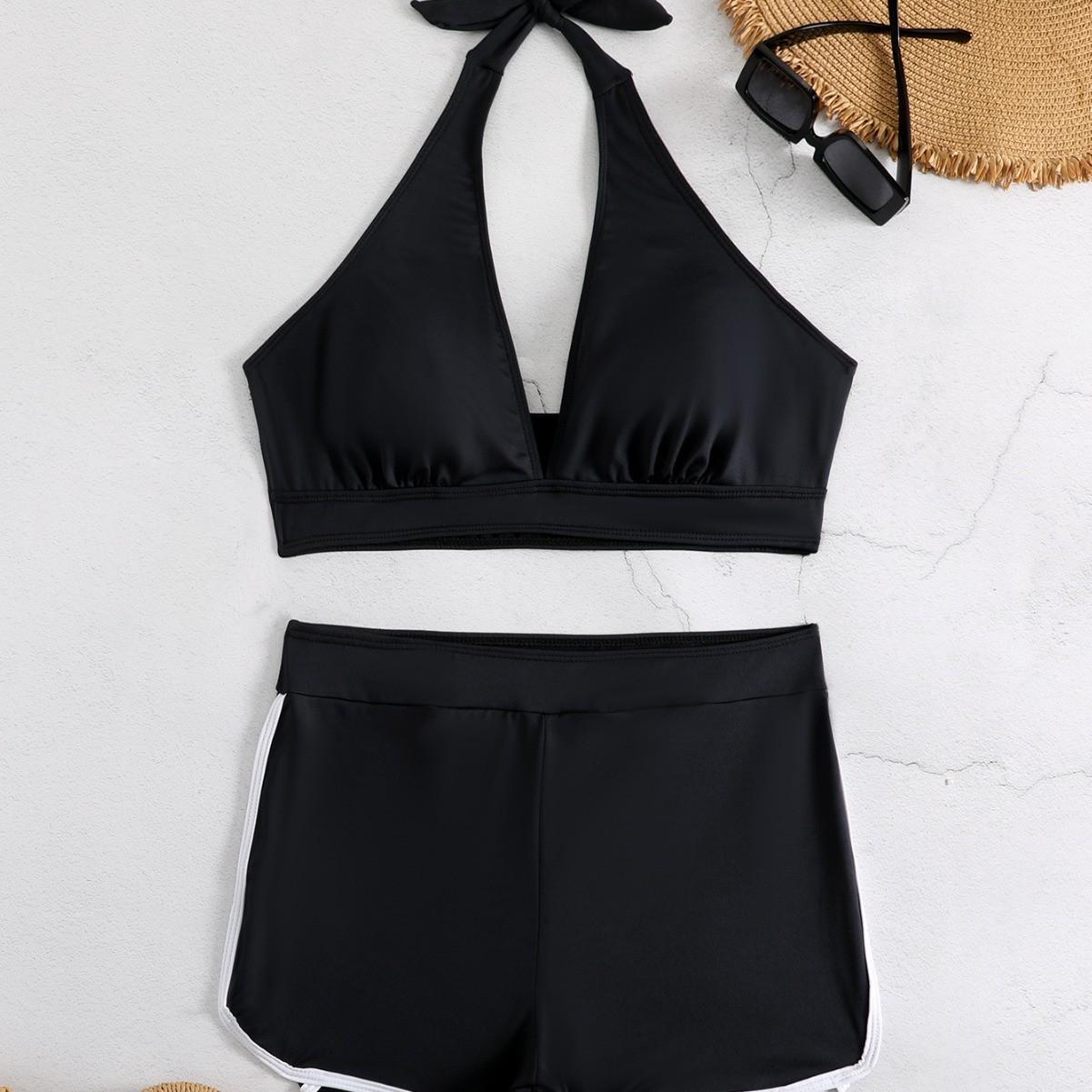 

Европейский и американский женский однотонный сексуальный спортивный купальник с глубоким V-вырезом - Быстросохнущий, дышащий, из двух частей. S чёрный