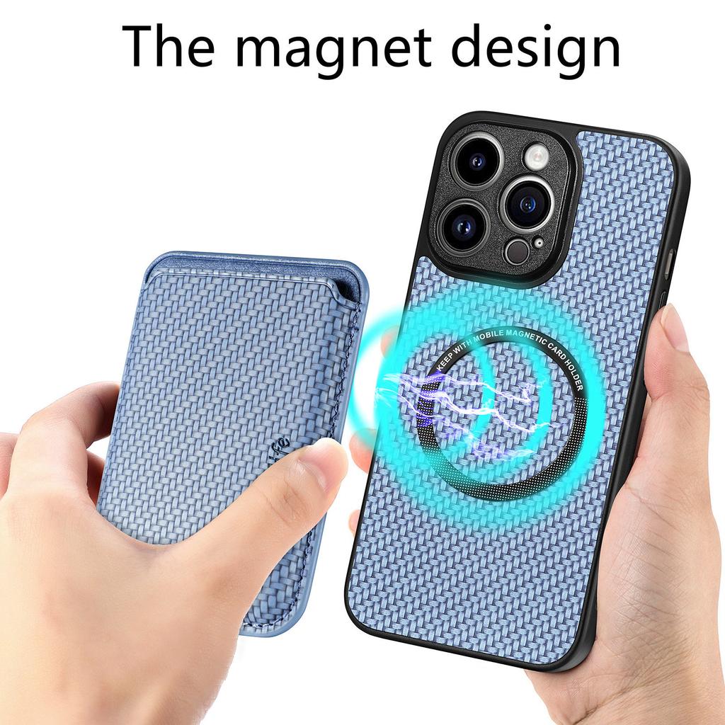 Applicable To IPhone16 Pro Mobile Phone Case, Carbon Fiber Pattern Imitation Leather 14/13 Magnetic Card Bag, Apple 15 Protective Case