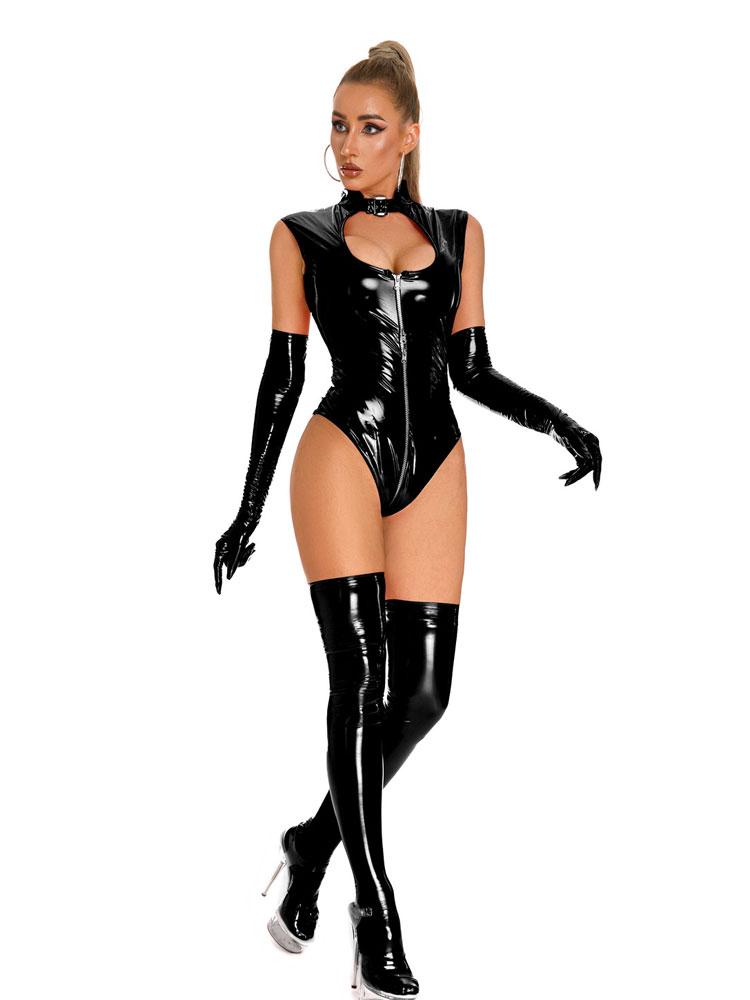 Sexy Long Zipper Open Crotch High Cut Bodysuit Elastic Pvc Latex Sexy Tight Open Chest Hollow Out Maid Leotard Catsuit Cosplay