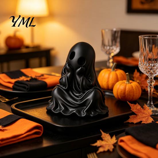 Compact Ghost Statue for Home 3D Printed Halloween Figurine, Cute Chin-Resting Spooky Desk Decor, White Black Figures Funny Ornament Party And