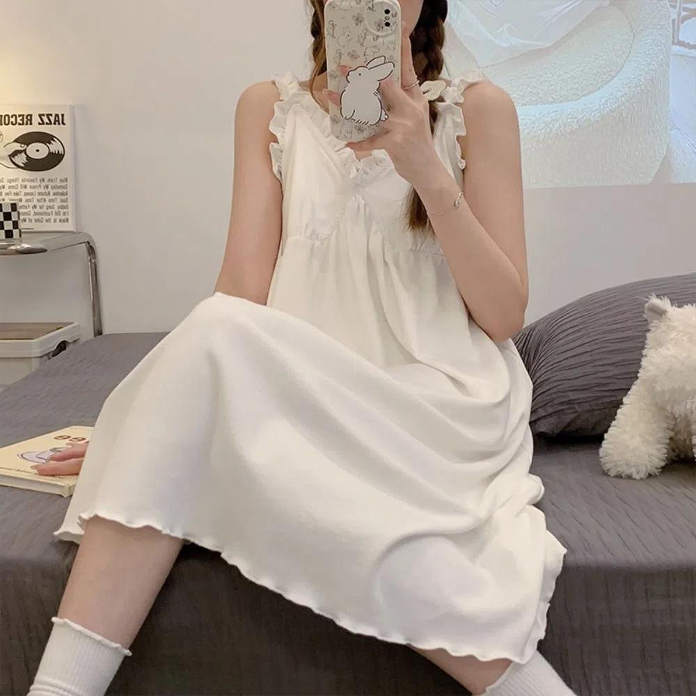 V-neck Women's Pajama Dress Ruffle Sling Nightgown Casual Suspender Nightdress  Club