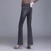 Summer Casual Appliques Solid Color Micro Flare Pants Korean Washed Splicing Double Pockets Elastic Waist Female Split Jeans