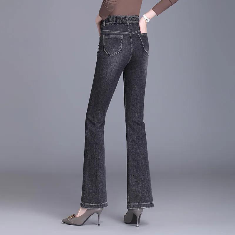 Summer Casual Appliques Solid Color Micro Flare Pants Korean Washed Splicing Double Pockets Elastic Waist Female Split Jeans