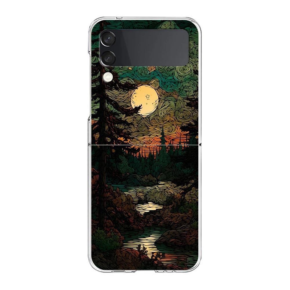Phone Cover For Samsung Galaxy Z Flip 6 5 4 Case Transparent For Samsung Z Flip 3 Hard PC Foldable Shell Mountain Forest Capas