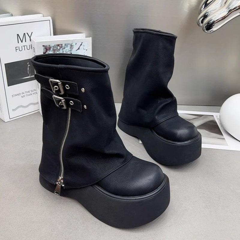 Chunky Heel Platform Western Boots Fashion Tall Knight Boots Woman Belt Buckle Side Zip Motorcycle Boots Casual Women Shoes