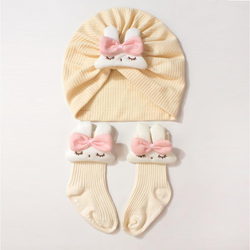 New children's hat set, cute solid color bunny baby stockings, soft hat sock cover