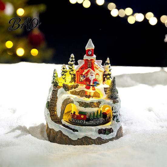 Indoor Festive Party Supplies 2Pcs Christmas Train Music Box with Rotating Light, Snow Village Carousel Holiday Decorative Ornaments Ornament,