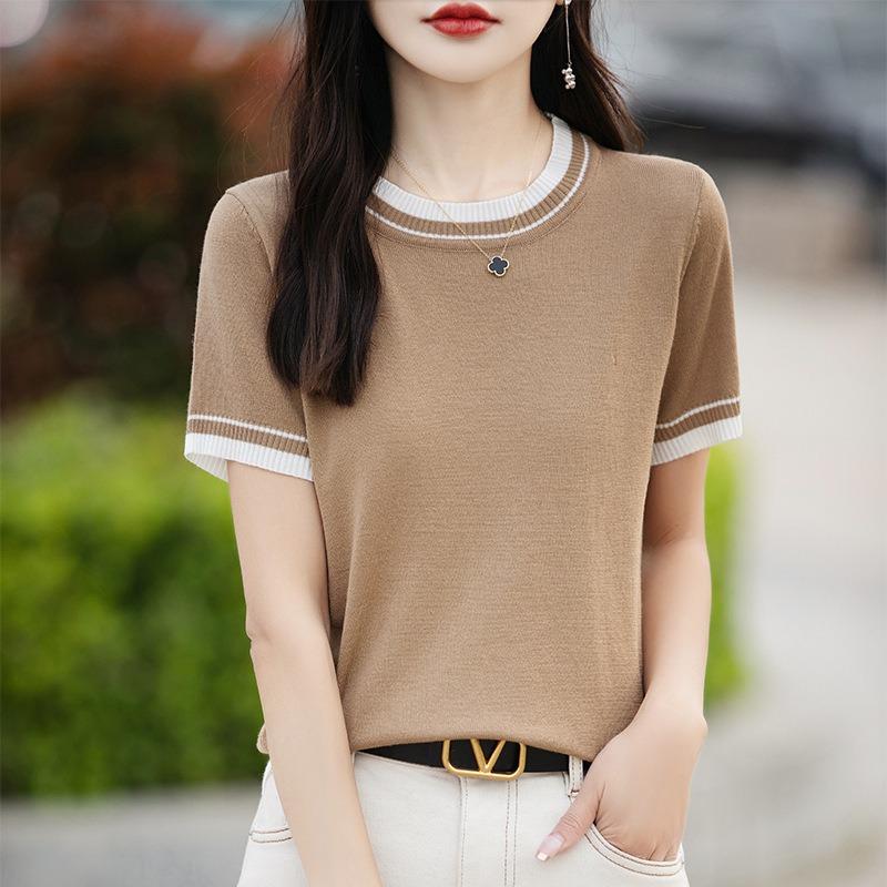 Women's Summer Thin Color Matching Round Neck Short Sleeve Knitted Bottom Top