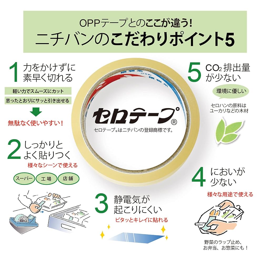 Nichiban Cellophane Tape, Large Roll, Plant-Based, No. 405, 18mm x 50m, 405-18x50, 10-roll pack
