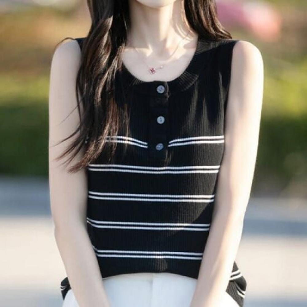 Navava Women Ribbed Sleeveless Knit With Stripe Point Nk2944