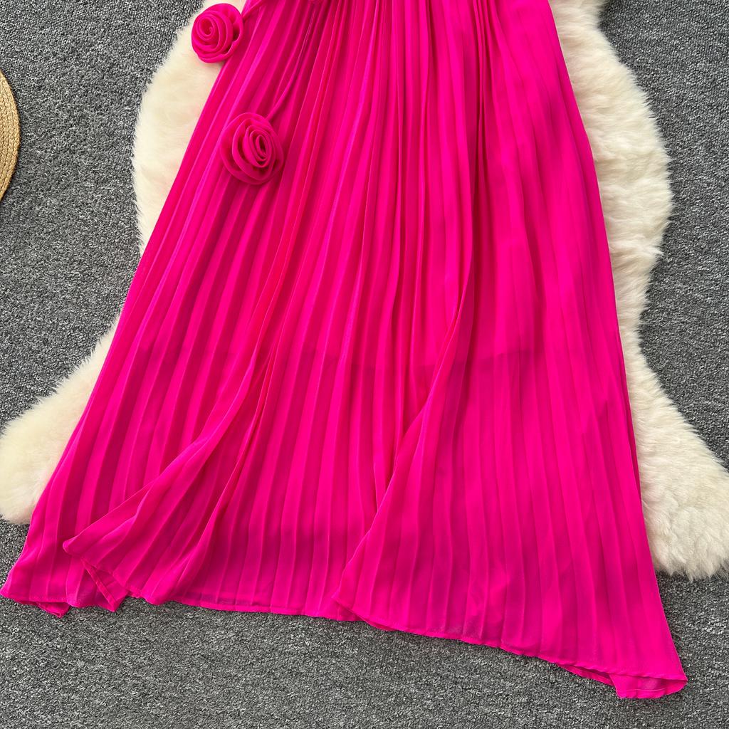 Spring Autumn Woman Dress New Flower Round Ne Seven-Quarter Sleeve Waist-Cinching Pleated Dresses for  Women Slimming Gown