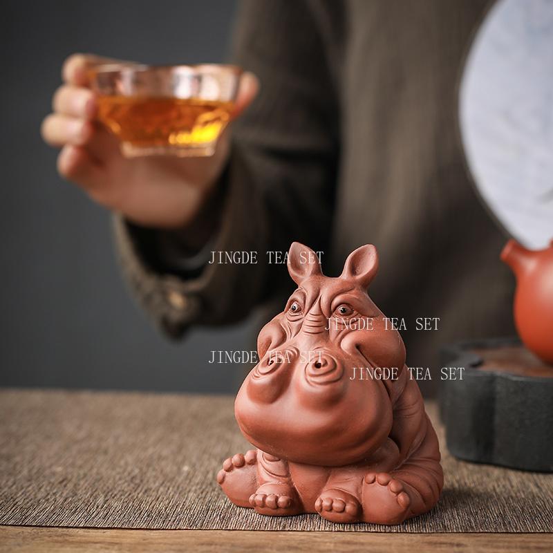 1PCS Creativity Purple Clay Tea Pet Handmade Hippo Statue Ornaments Desktop Crafts Chinese Tea Set Decoration Accessories