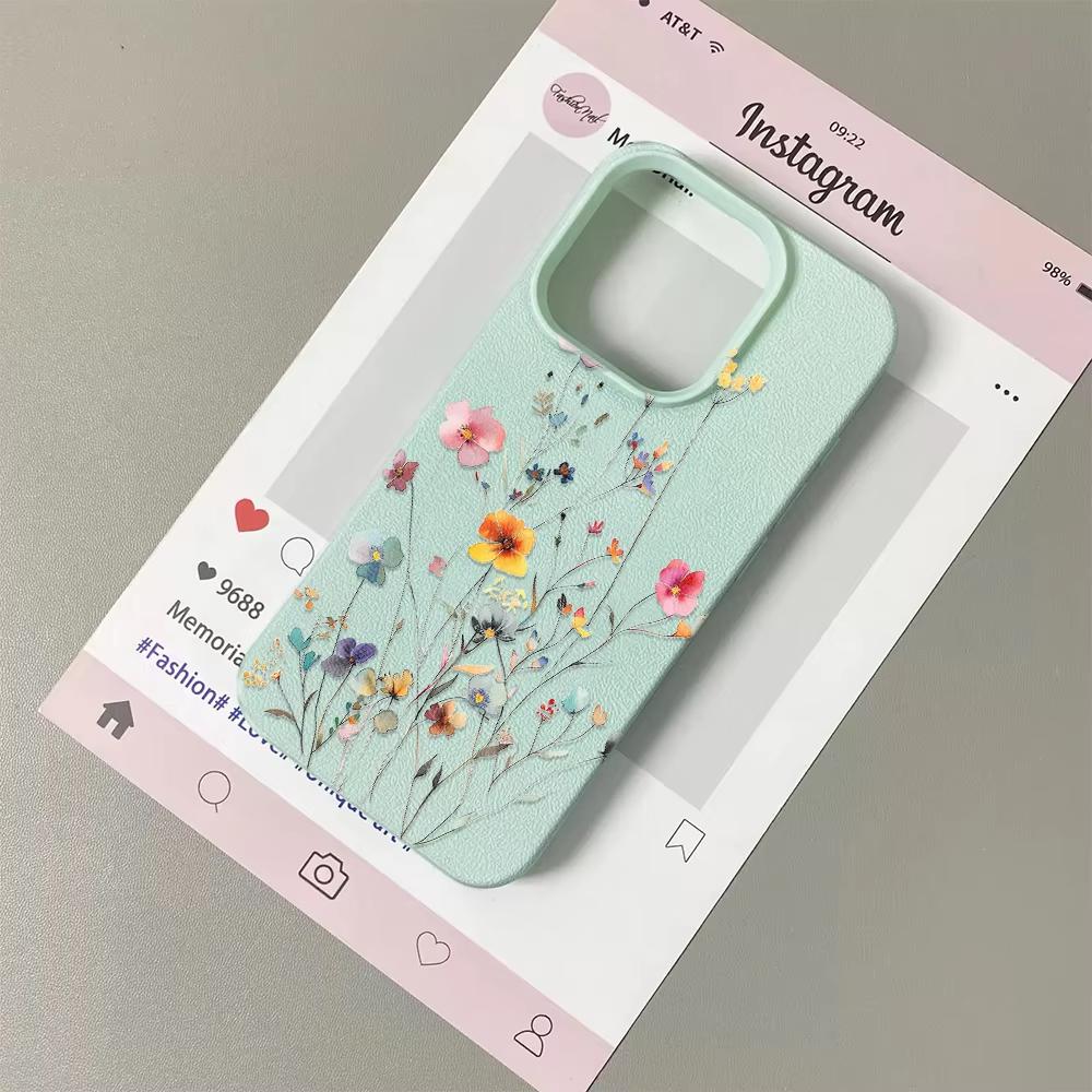 

Colorful Wild Floral Print Phone Case For iPhone 17 Pro Max 16 Plus 15 Pro 14 13 12 11 XR 17Air Lychee Textur Soft Cover iPhone XS Max зелёный