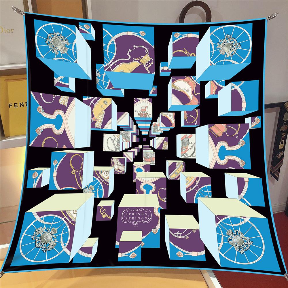 Silk Scarf Women Geometric Blocks Print Square Scarves Head Echarpe Silk Foulards Femme Wraps Beach Shawls Lady Hijabs 90CM