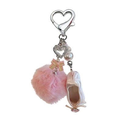 Artistic Ballet Shoe Keychain Pearls Heart Bowknot Pink Pompoms Alloy Fabric Ornament Women Fashion Accessory