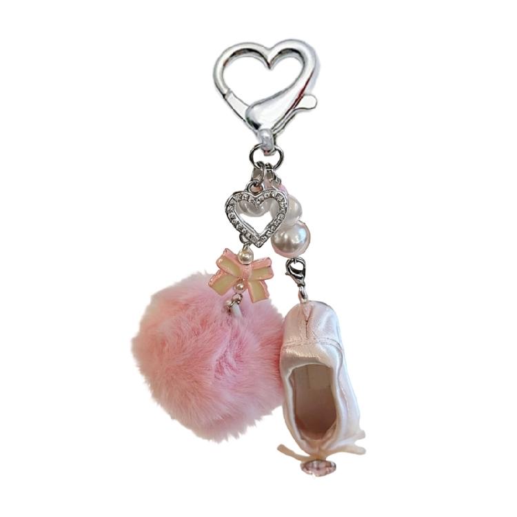 Artistic Ballet Shoe Keychain Pearls Heart Bowknot Pink Pompoms Alloy Fabric Ornament Women Fashion Accessory 1