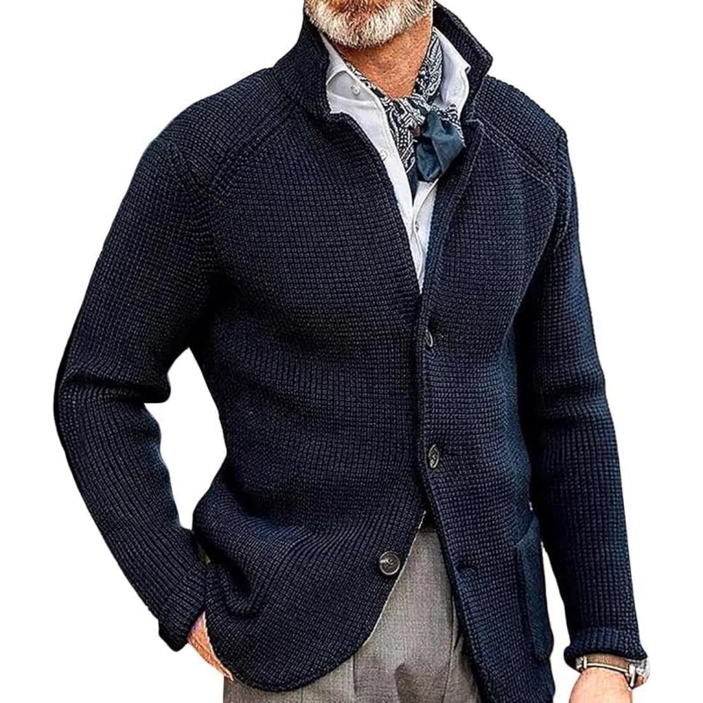 Men's Casual And Trendy Solid-color Warm Sweater Jacket, Men's Long-sleeved Button-up Stand-up Neck Knitted Sweater