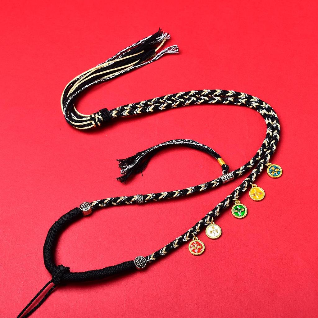 Tibetan Eight-Strand Braided Necklace with Five Gods of Wealth Amulet Pendant