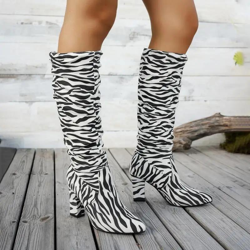 Fashion Autumn Winter 2025 Zebra-Pattern Knee High Boots Women Sexy Pointed Toe Thick High Heels Long Boots Woman Slip On Booties Shoes