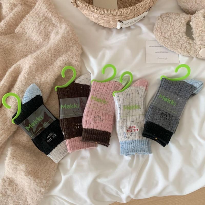 Korean Style Colorblock Thick Wool Blend Socks Women Warm Seamless Mid-Calf Crew Winter