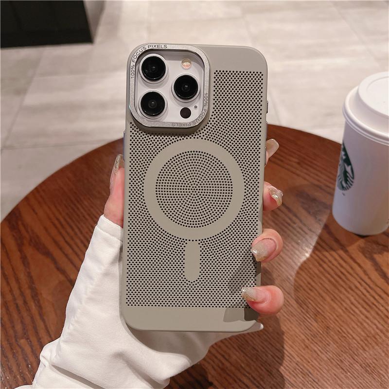 

Camera Big Hole Grid Heat Dissipation Magnetic PC Case For iPhone 15 Pro Max Plus Non-Slip Anti-fingerprint Back Protector Shell Cover For iPhone 15 Pro Max бежевый