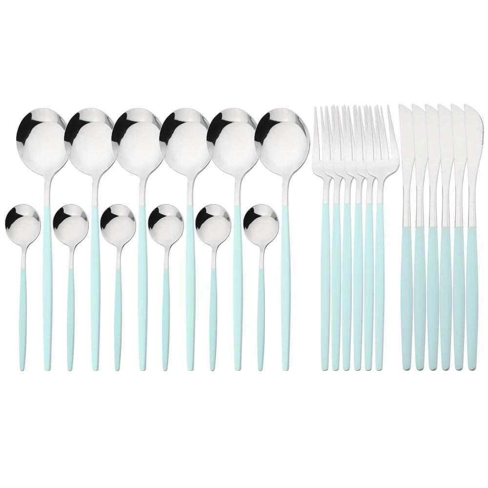 24Pcs Blue Silver Stainless Steel Dinnerware Set Kitchen Fork Spoon Knife Dinner Cutlery Set Western Flatware Tableware Set