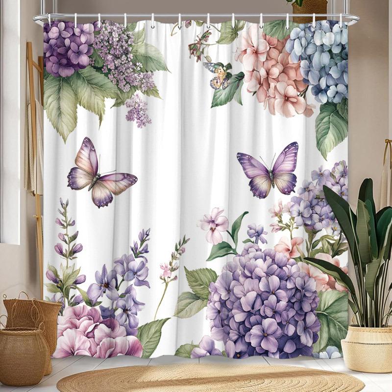 

1 Floral Shower Curtain, Lavender, Pink Hydrangea, Lilac, Violet And Butterfly Pattern - With Hooks, Polyester, Machine Washable W60H190(CM)-1 Pcs