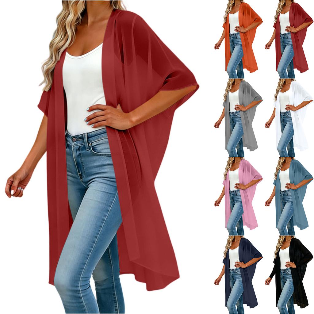Damen Lockere Passform Offene Vorderseite Kurze Ärmel Strickjacke Leichte Chiffonbluse Lässiges Layering-Oberteil für Sommer Frühling