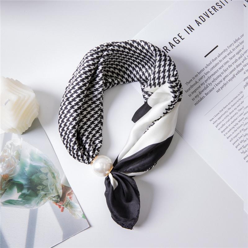 Pearl Magnetic Buckle Silk Scarf Double Square Scarf Necklace Chain Scarf Neck Pattern Small Scarf