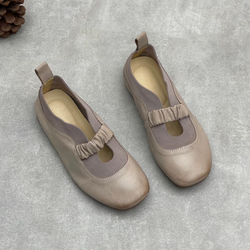 Johnature Handmade Genuine Leather Soft Soled Flats Round Toe Soft Cowhide Women's Slip-on Shoes