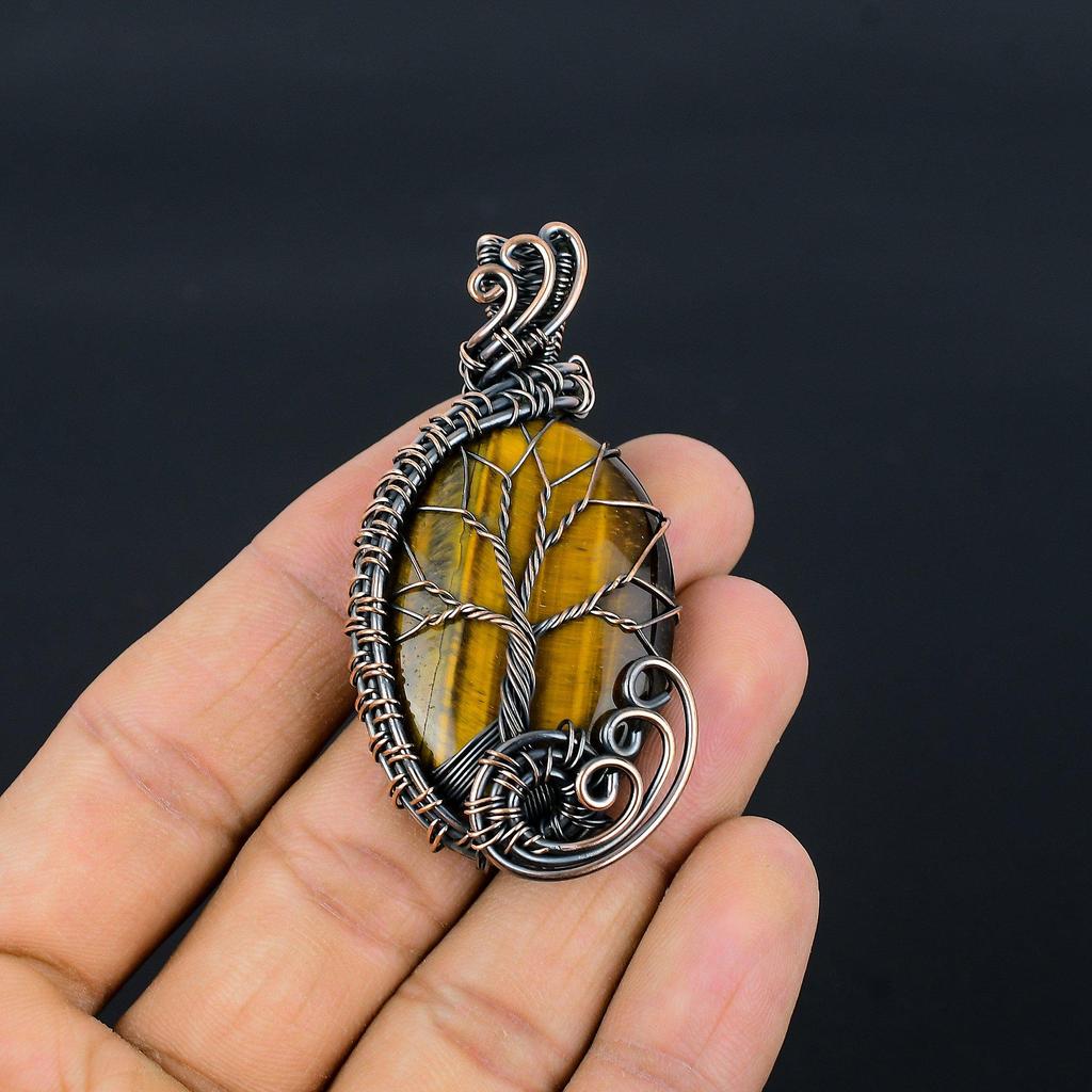 Tree Of Life Tiger Eye Pendant, Handmade Gemstone 999 Copper Wire Wrapped Pendant Antique Jewelry, For Gift Silver Jewelry