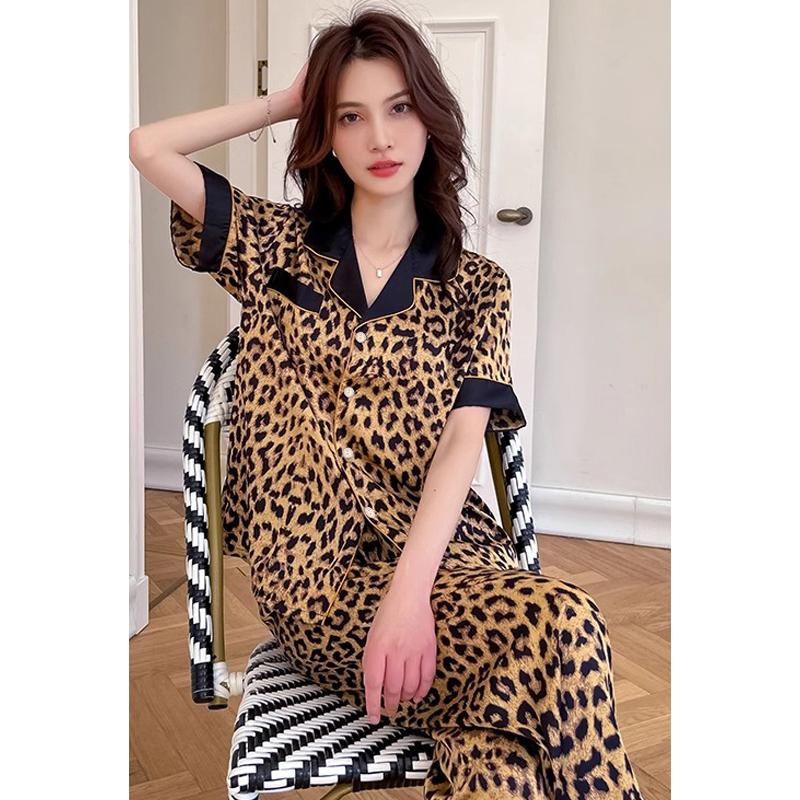 Women Sleepwear Set Rest Summer Autumn Pajama Set Turn Down Collar Faux Silk Satin Short Sleeve Leopard Female Pijama Home Wear