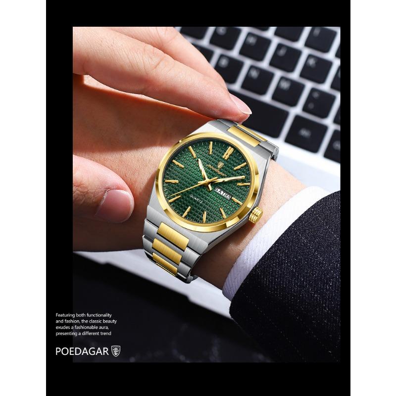 POEDAGAR Luxe Herenhorloge Datum Week Waterdicht Lichtgevend Roestvrij Staal Horloge voor Man Casual Kwarts Horloges Mannelijk Sport+Doos