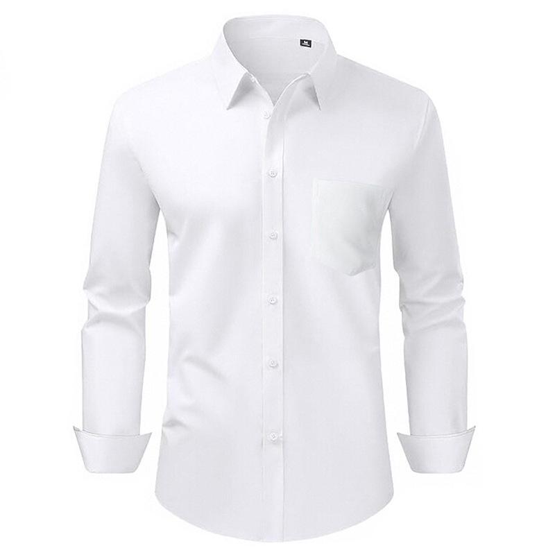 Men's High-End Long-Sleeve Stretch Dress Shirt - European & American Sizes, Solid Color Business Casual Top