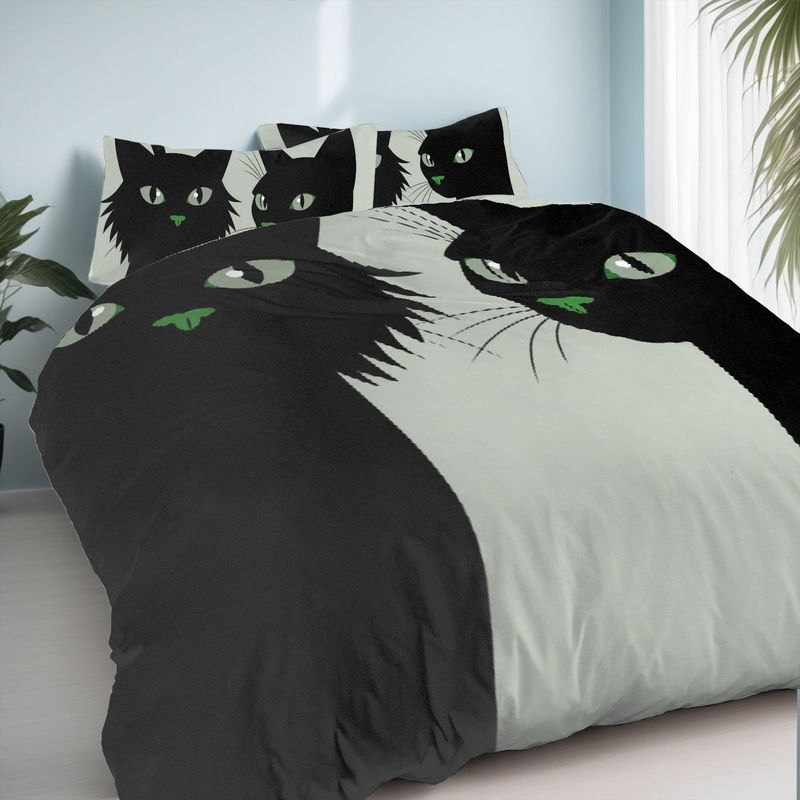 3-Piece Bedding Pillowcase Quilt Cover Set Black Cartoon Cat 2D Digital Printing Suitable For Bedroom Dormitory Decoration