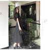 Hepburn Style Black Slimming Summer Dress for Women - Square Neck, Over-the-Knee