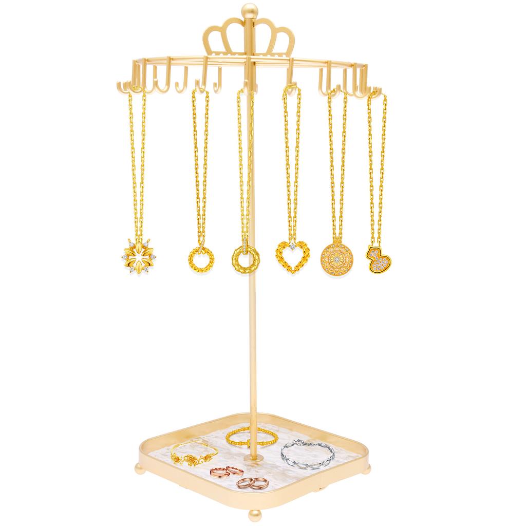 Rotating Necklace Holder Stand with 18 Hooks 360° Rotation Iron Necklace Organizer Stand with Tray for Keychains Bracelet