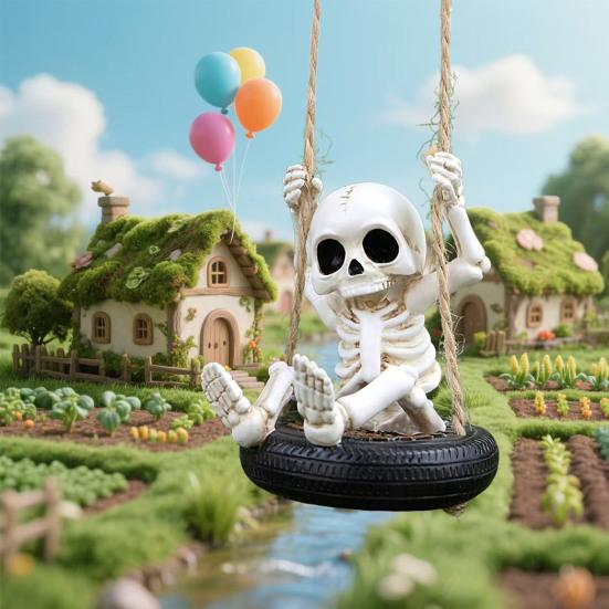 Halloween Resin Skeleton Swing Ornament Skeleton on A Tire Swinging Decoration for Car Rearview Mirror Garden Yard Tree Decor