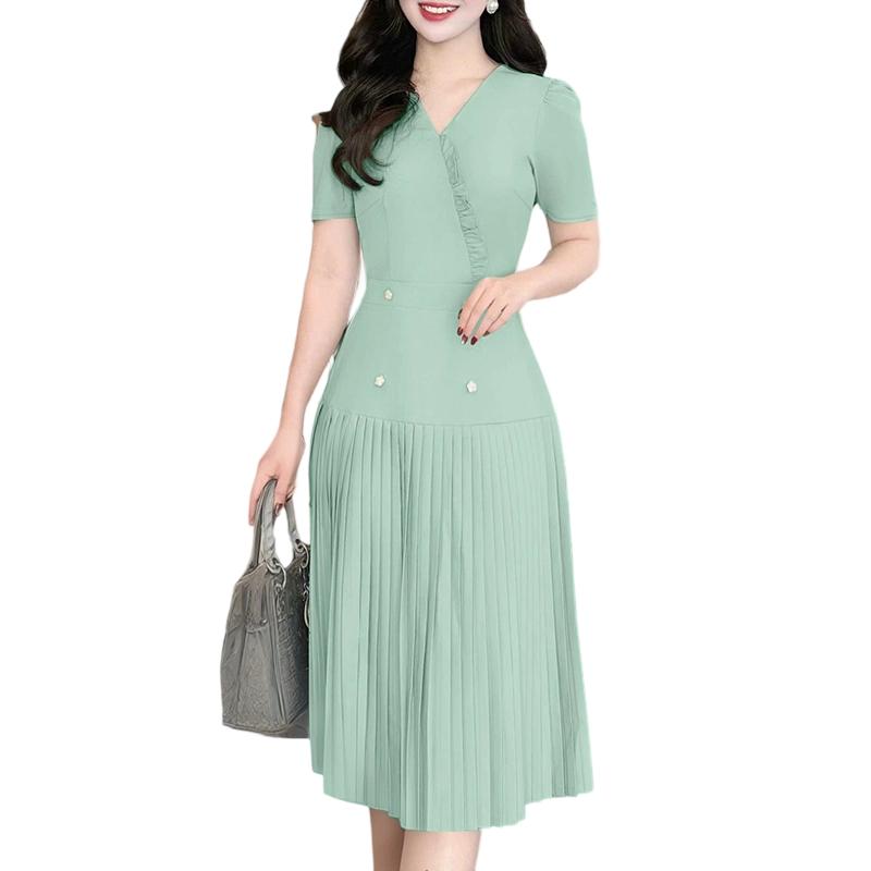 

ZANZEA Женское повседневное летнее платье с V-образным вырезом, короткими рукавами и плиссированным подолом 2XL зелёный