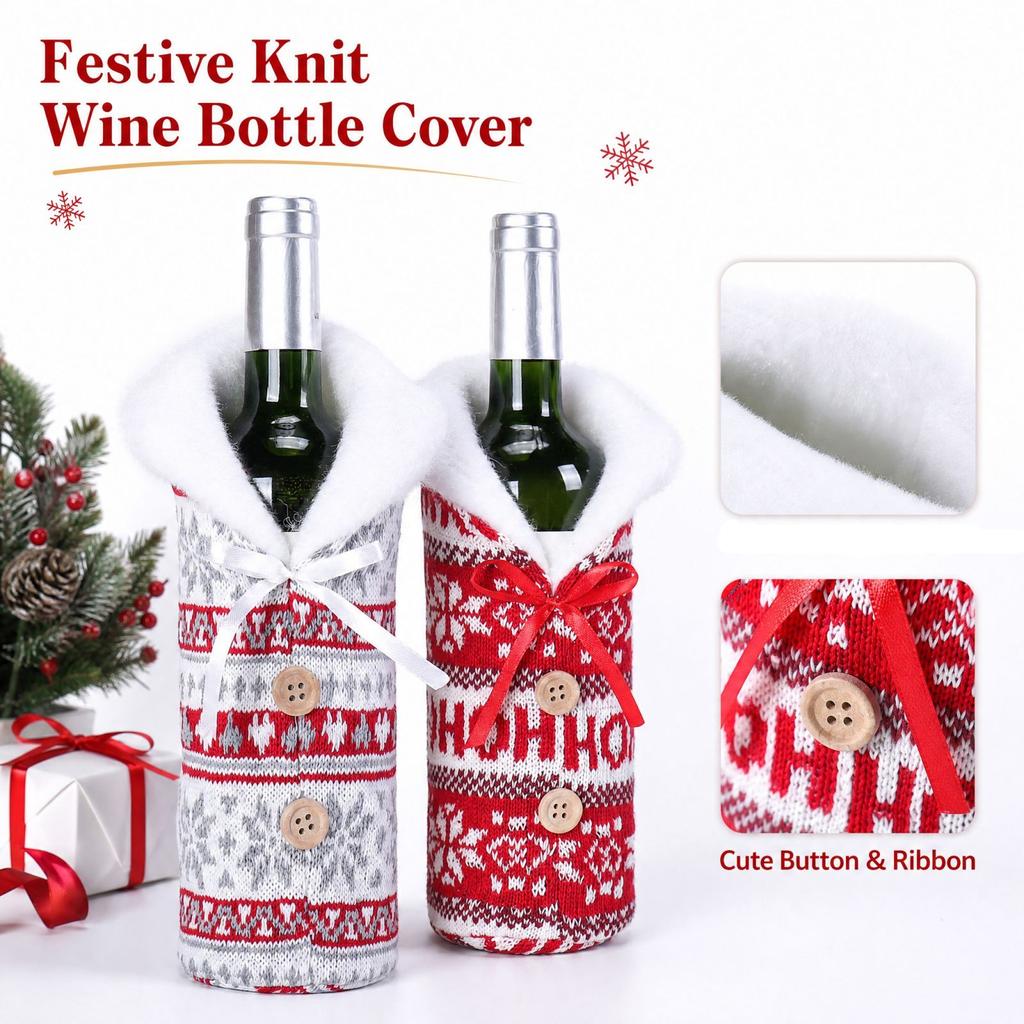 Knit Wine Bottle Cover with Button and Snowflake Design, Christmas Wine Bottle Bag for Holiday Table Decor