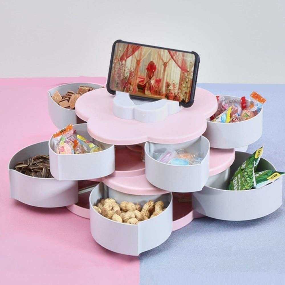 2-lags snacksfat med telefonholder Smykkeorganisator Kreativ roterende petal godteriboks Underhold