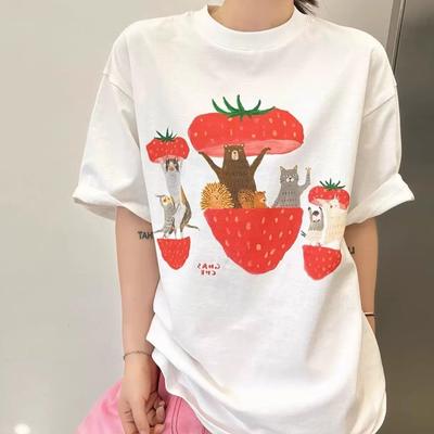 Sommer 100% Baumwolle Lässiges Oversize T-Shirt Damen Streetwear Harajuku lustige Cartoon Kurzarm T-Shirts Damen weiß Y2k Tops