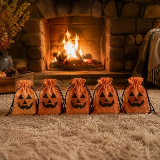 Portable Travel Organizers 5Pcs Halloween Burlap Drawstring Bags, Candy Treat Pouch for Party Favor, Bulk Containers Rustic Goodie Trick or